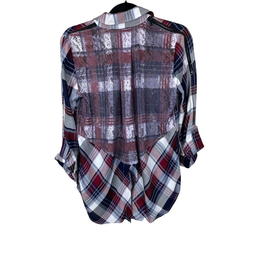 Sam Edelman Womens Riley Button Front Shirt Multicolor Plaid Lace Split Back XS - Picture 6 of 11